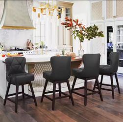 (Set of 4) 26 in. Black Faux Leather Wood Frame Upholstered Swivel Bar Stool