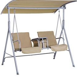 Outsunny 2 Person Porch Covered Swing Outdoor With Canopy Table And Storage Console