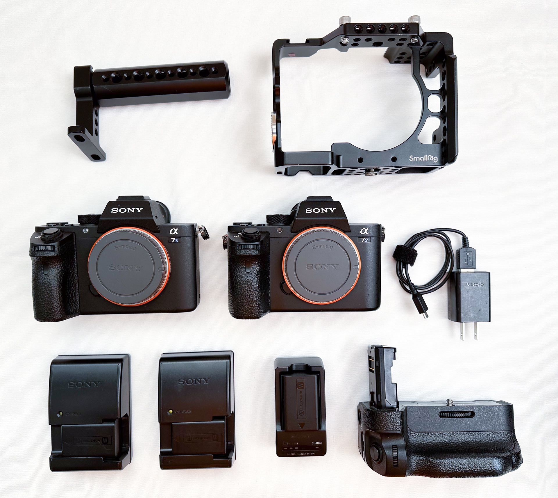 2x Sony a7S II Cameras with Grip/Batteries/Chargers and SmallRig Cage w/ Handle