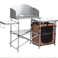 Foldable Camping Table Outdoor BBQ Portable Grilling Stand with Windscreen Bag Chair