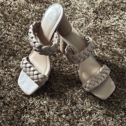 Tan Backless Square Open Toe Basil Mule Block Cone Heels