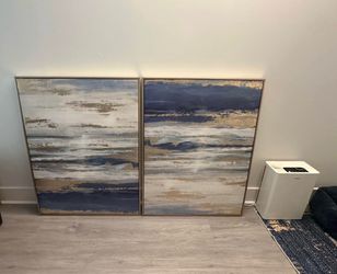 Set of 2 Framed Abstract Blue/Gray Art Prints Diptych Large 3'5" x 30.5"