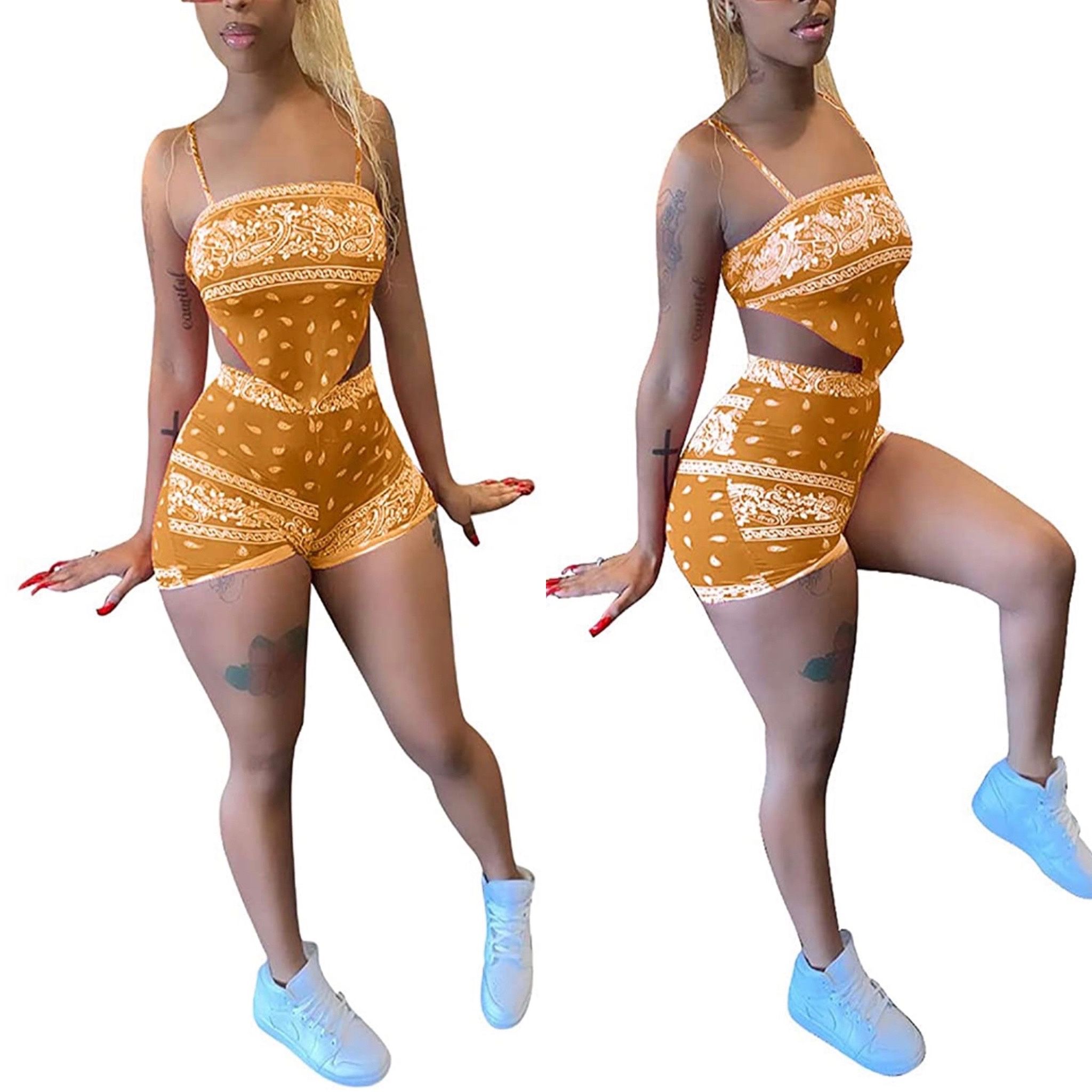 Bandana Floral Print Mini Tank Tops Shorts Jogger Pants Suit Sport Two Piece Set