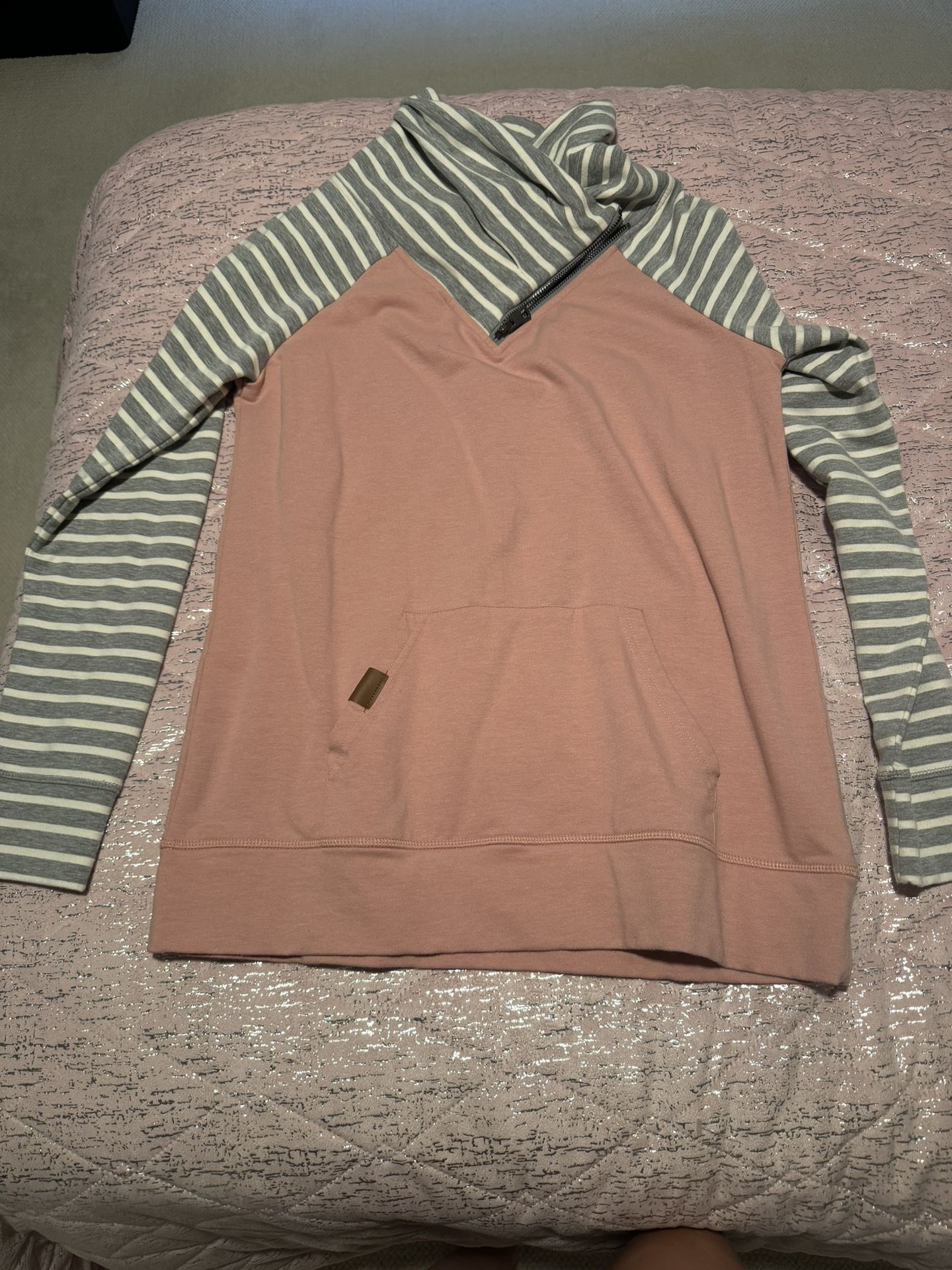 Womens Small Maurice’s Zip Up Pink Grey White Striped Cowl Neck Sweatshirt