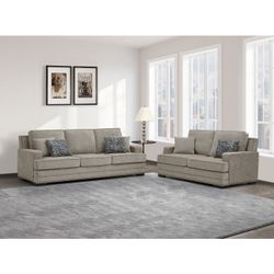 Brand New Taupe/Dark Or Light Gray Chenille Studded Sofa + Loveseat 2PCs Set