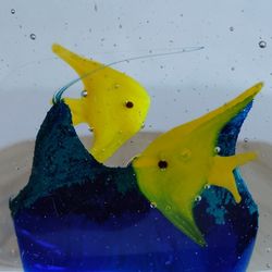 Murano Style  Glass Paperweight Square Blue Yellow Fish 