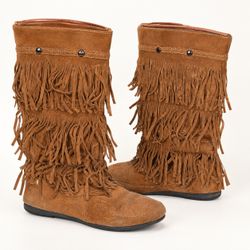 Brown Suede Fringe Mid-Calf Boots