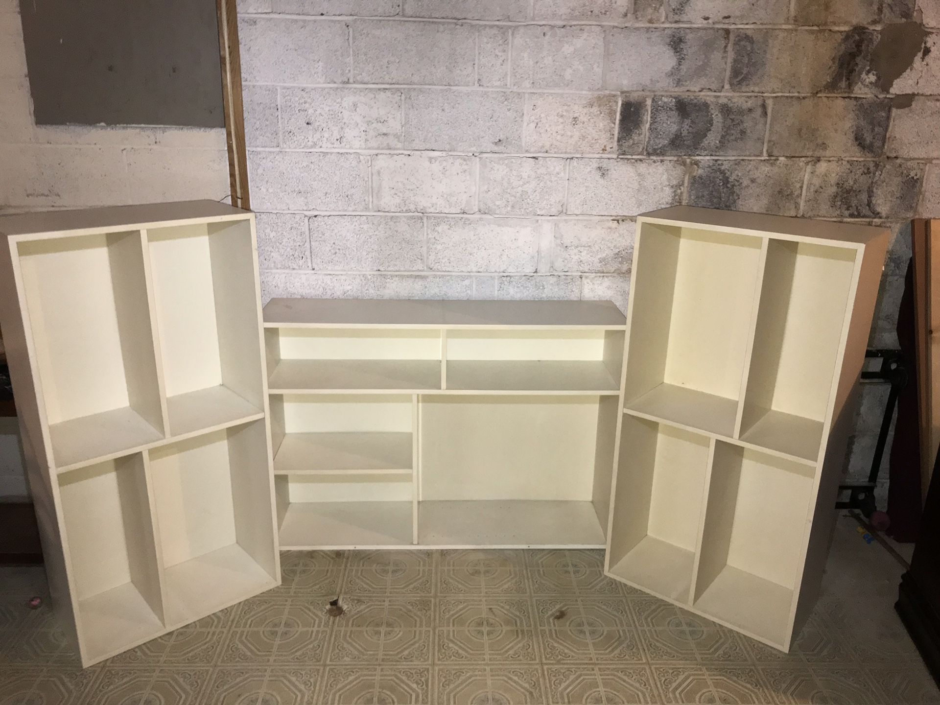 3 White Bookcases Display Shelves Solid Wood- Heavy Duty 47.5x12x23.5 Multiple Arrangements