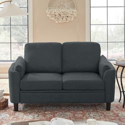 New-Small Loveseat Sofa, Mid Century Modern Linen Love Seat with Back Cushions, 2-Seater Couch Sofa for Lving Room, Bedroom and Small Space, Dark Grey