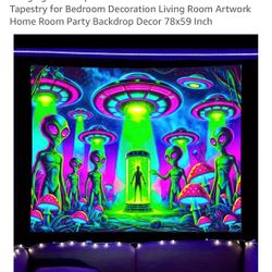 BlissYard Alien Blacklight Tapestry UFO Black Light Hanging Backdrop Glow in The Dark Poster Wall UV Tapestry for Bedroom Decoration Living Room Artwo
