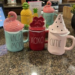 Rae Dunn Mugs With Toppers 