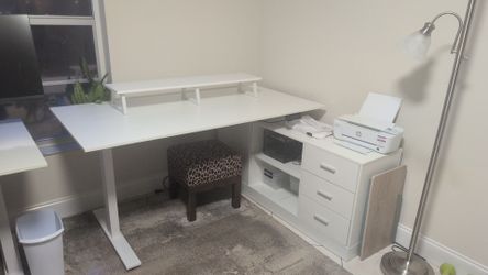 White L-Shaped Desk with Monitor Riser
