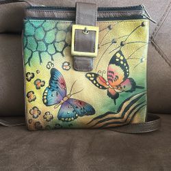 ANUSCHKA Butterfly Hand Printing Leather Organizer Crossbody Bag