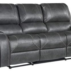 3 Seat Manual GRAY RECLINER SOFA W/DROP DOWN MIDDLE CUSHION +USB+2 OUTLETS