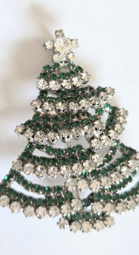 Vintage OTC Rhinestone Christmas Tree Brooch, 2.5"