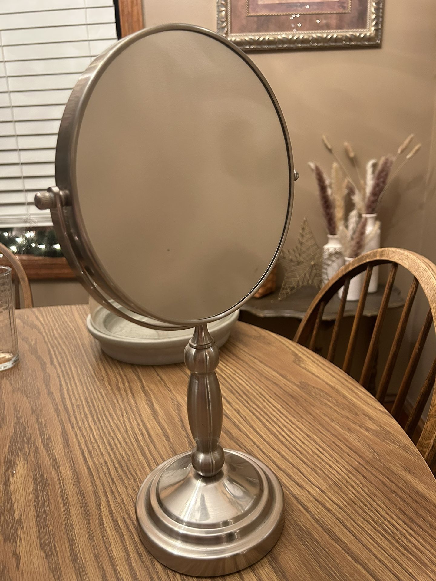 Brushed Nickel 2 Sided  Round 8" MakeUp Mirror & magnification 16" Tall