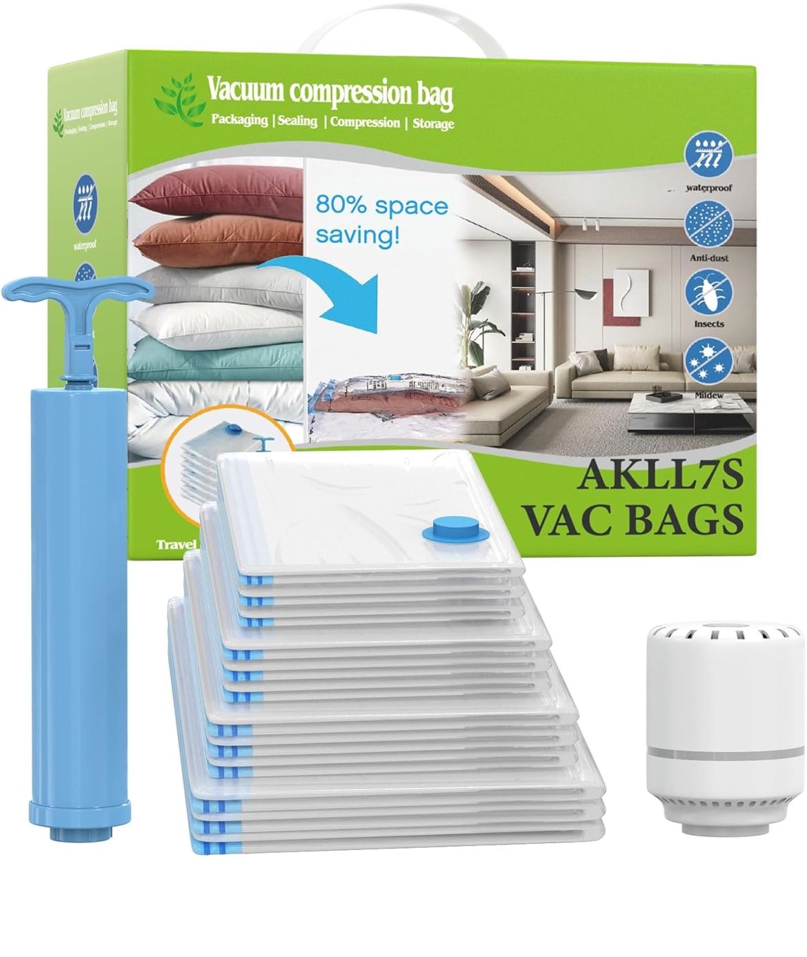 AKLL7S Vacuum Storage Bags with Electric Pump, 12 Pack Space Saver Bags(3 Jumbo/3 Large/3 Medium/3 Small) Vacuum Seal Bags for Clothing, Comforters, B