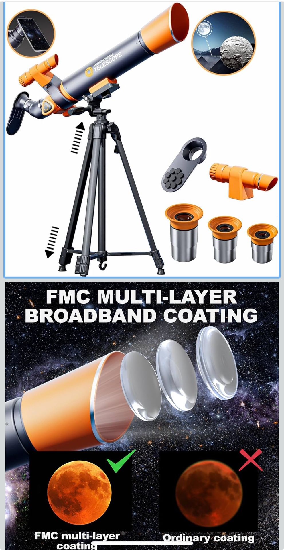 Telescope for Adults High Powered Professional, 70mm Aperture 500mm Refractor Telescope for Kids Astronomy Beginners, Fully Multi-Co