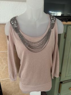 Cache Embellished Cold Shoulder Metallic Knit Top Small