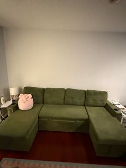 Green U-Shaped Sectional Sofa with Pull-Out Bed