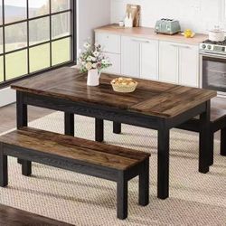 F2131 55-Inch Large Dining Table Set for 4-6, 3 Pieces Wood Kitchen Table with 2 Benches, Farmhouse Rectangular Dinner Room Table Set Dinette for Kitc