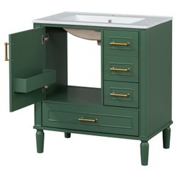 Traditional 30" Bathroom Vanity With Ceramic Basin, Soft-Close Door & Drawers, Gold Handles, Durable Wood Finish - GreenN729P184479F