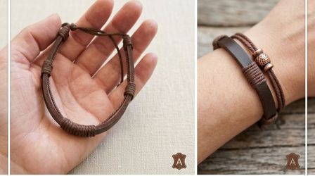 Brown faux Leather Wrap Bracelet with Cord