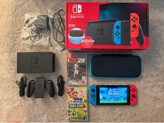 Nintendo Switch with Neon Blue Joy‑Con and Carry Case