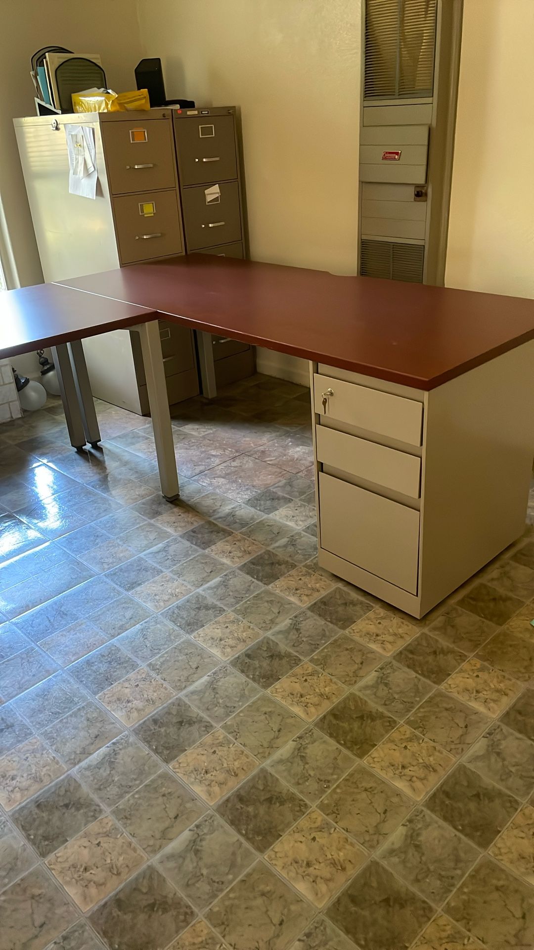 Wood And Metal Desk with Locking File Cabinets