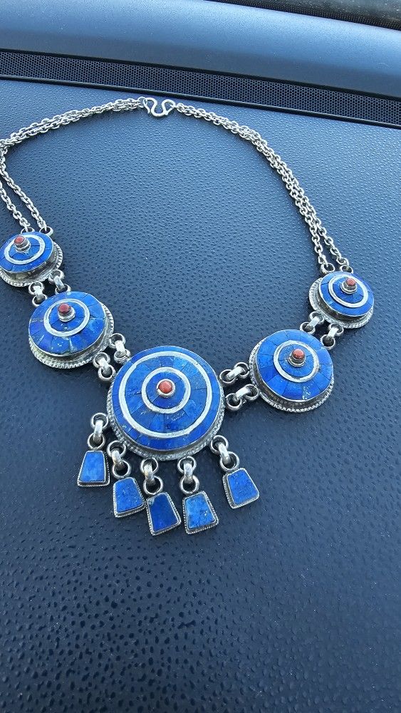 TIBETAN STERLING SILVER LAPIS LAZULI STATEMENT NECKLACE 