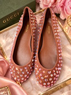 Gucci Crystal Embellished Suede Ballet Flats Blush Pink 37.5 216097