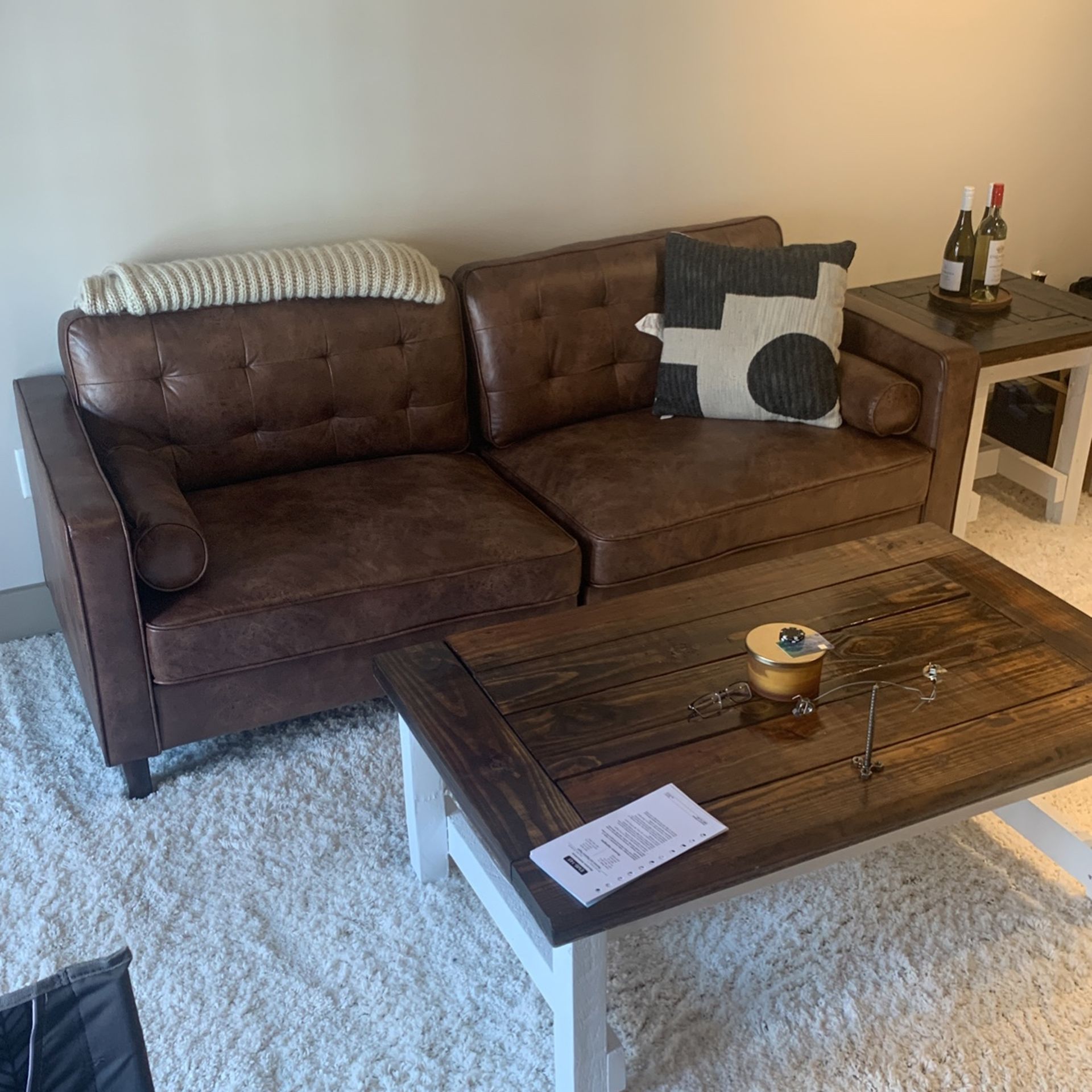Mid Century Faux Leather Sofa Couch, Saddle brown