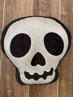 Bullseye's Playground Halloween skull novelty throw pillow,l featuring a soft velvety reversible