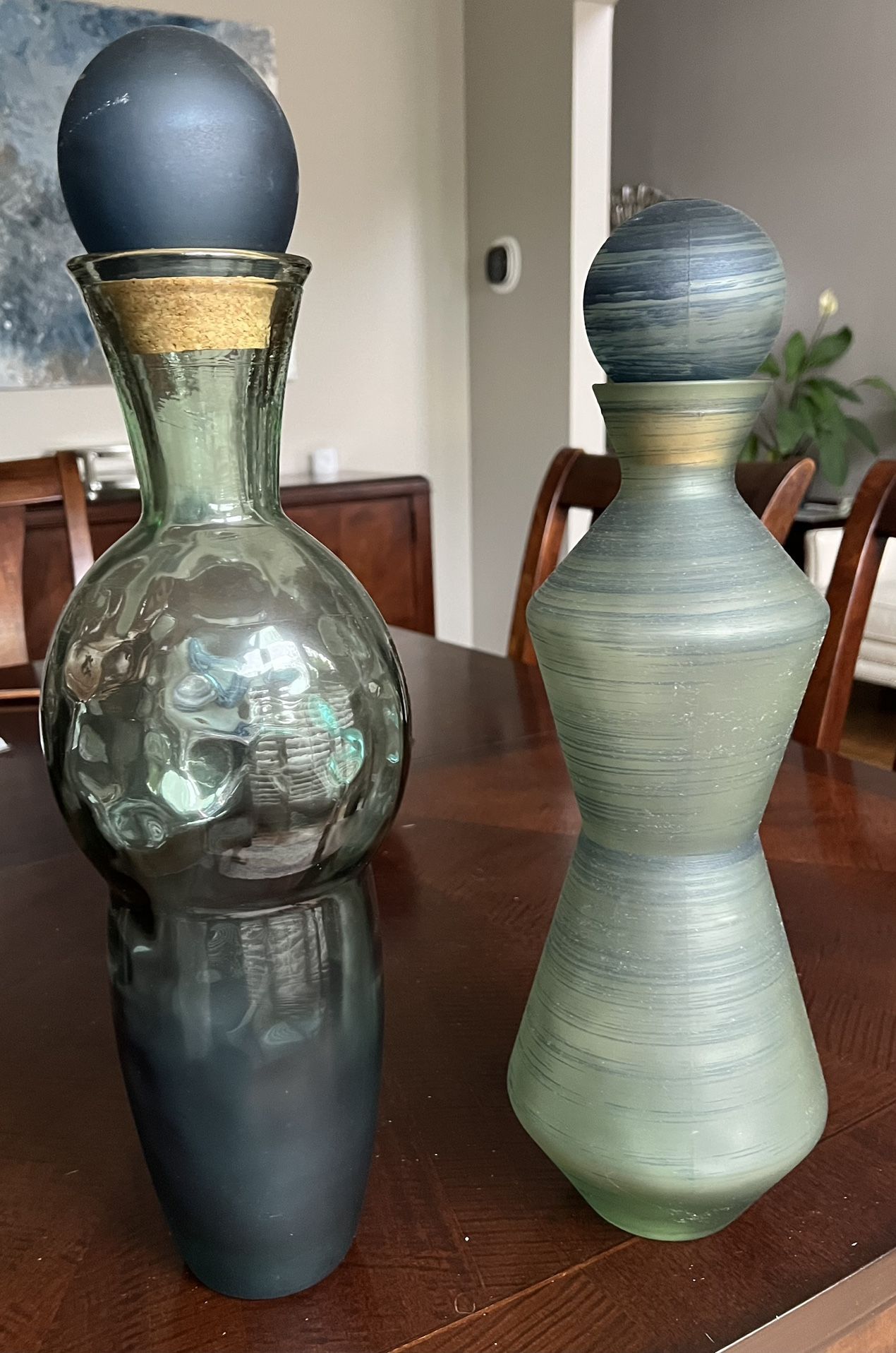 2 Blue Glass Vases w/ Stoppers. Super Heavy. Appx 21 & 18.5”