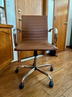 Modern Saddle Brown Leather & Chrome Desk Chair