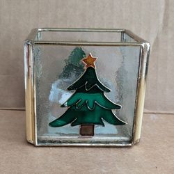 Candle Holder Christmas Tree Tea Light Candle Holder Rustic Metal Frosted Glass Vintage