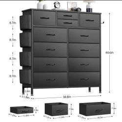 Brand New Stil In Box 12 Drawer Dresser for Bedroom with Side Pockets & Hooks, Wide Chest of Drawers with Fabric Bins & Metal Frame, Storage Organizer