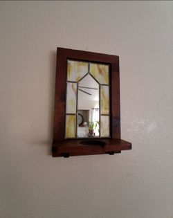 Vintage Artisan Handcrafted Stained Glass Wall Mirror Accented Wooden Candle Shelf