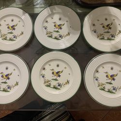 Varages France 6x salad Dinner Plates Dancing Rooster Bird Butterfly Ribbed Edge