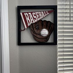Vintage-Style Framed Baseball Pennant & Glove Wall Art – Classic Sports Memorabilia Decor