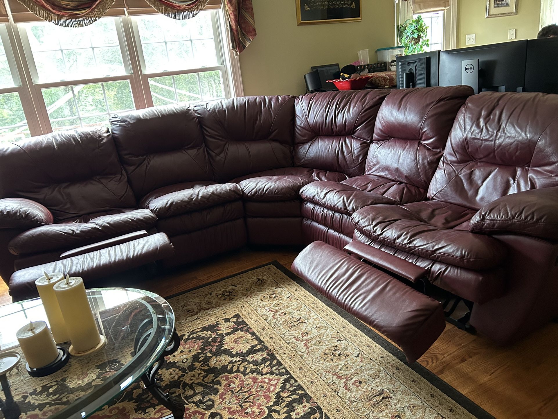 Oxford Red Leather L-Shaped Sectional Sofa with Dual Recliners – $1,000