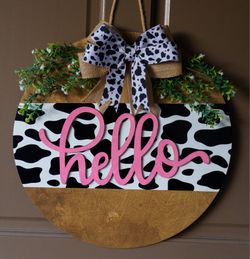 🐄 Farmhouse Cow Print "Hello" Door Hanger | Handmade Wooden Front Door Sign 🐄