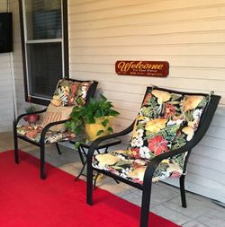 4 Patio metal chairs with (cushions  21” x  21”). $150 OBO