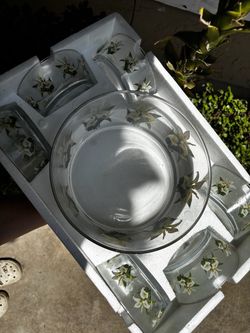 Glass Punch Bowl Set with Floral Design