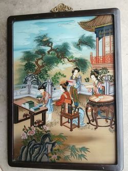 Antique Chinese Reverse Glass Painting of Court Ladies Studying *250.00* 23" x 17"