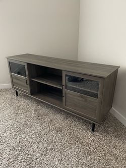 Gray Wood TV Stand with Glass Door Cabinets