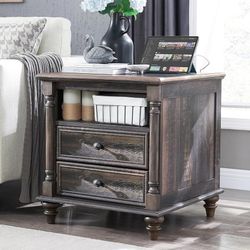24'' Farmhouse End Table w/4 Solid Wood Feet, Large 2 Drawers Wide Sofa Side Table with Charging Station, Tall Rustic Wood Square Nightstand for Livin