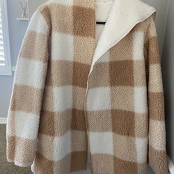 Cream Brown Plaid Oversized Sherpa Coat Small