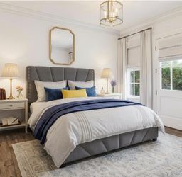 Queen Bed Frame | Velvet Upholstered Platform Bed with LED