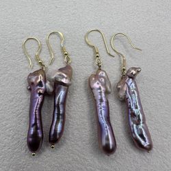 Natural Purple Biwa Stick Pearl Earrings Baroque Freshwater Gold Plated 925 Hooks